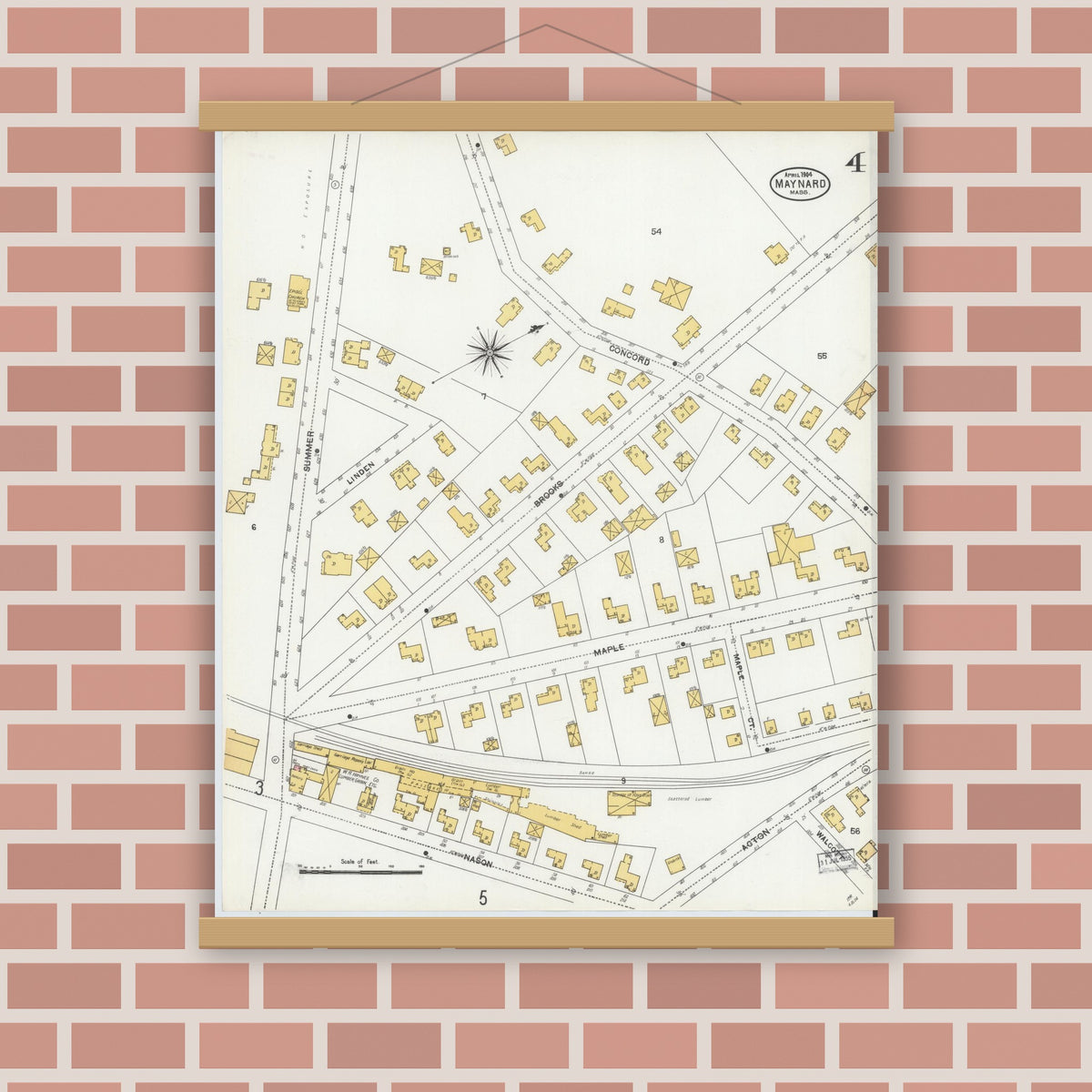 Old map wall art mockup — magnetic wood frame on brick wall — Sanborn Fire Insurance Map from Maynard, Middlesex County, Massachusetts (1904), Sheet #0004