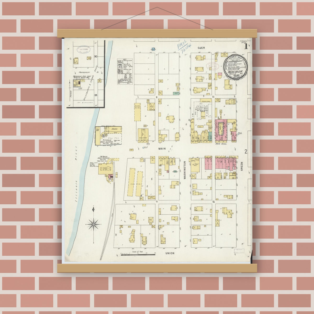 Old map wall art mockup — magnetic wood frame on brick wall — Sanborn Fire Insurance Map from Meredosia, Morgan County, Illinois (1898) - Complete Map Set