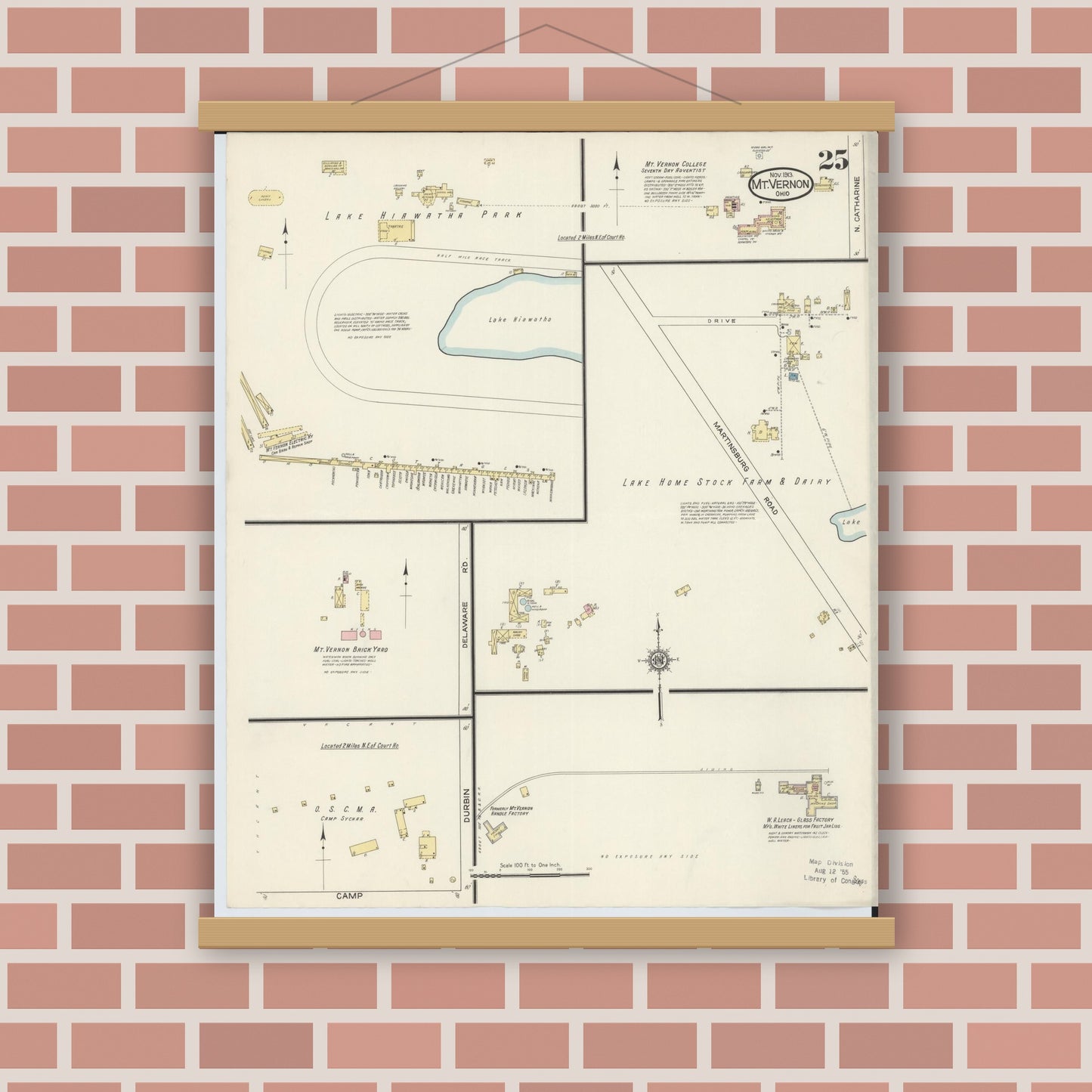 Old map wall art mockup — magnetic wood frame on brick wall — Sanborn Fire Insurance Map from Mount Vernon, Knox County, Ohio (1913), Sheet #0025