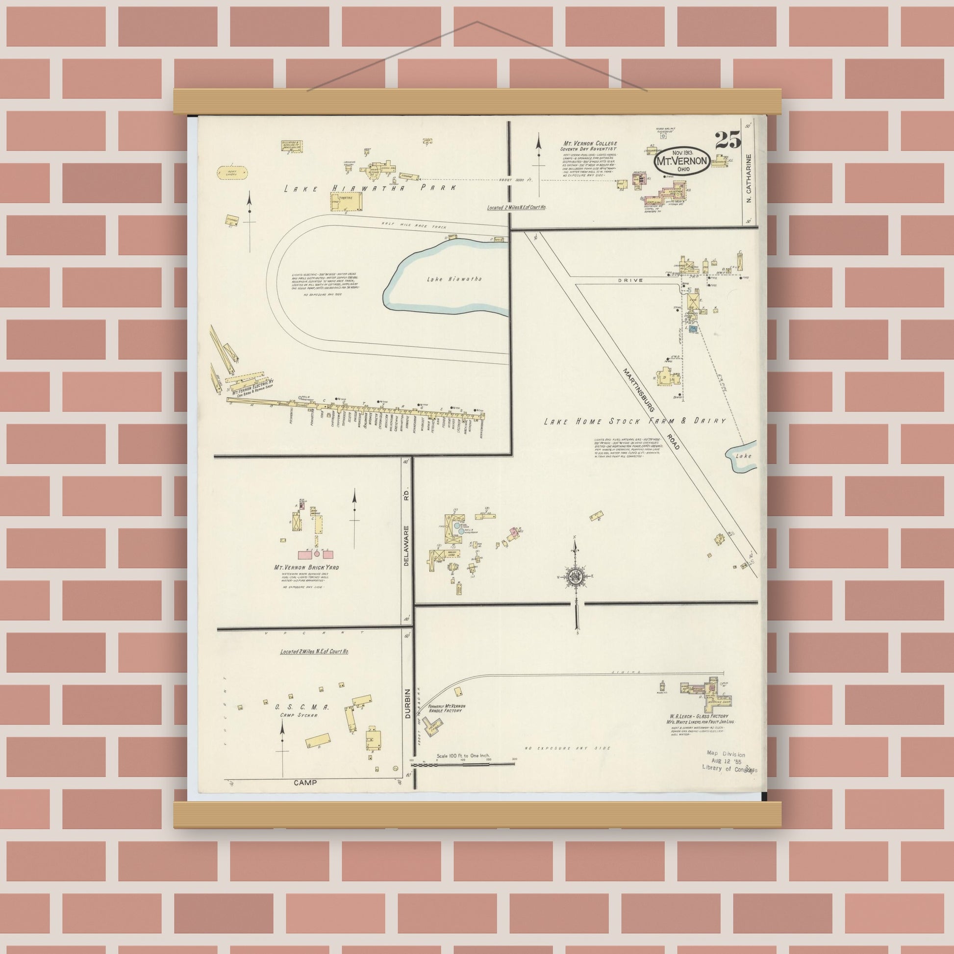 Old map wall art mockup — magnetic wood frame on brick wall — Sanborn Fire Insurance Map from Mount Vernon, Knox County, Ohio (1913), Sheet #0025