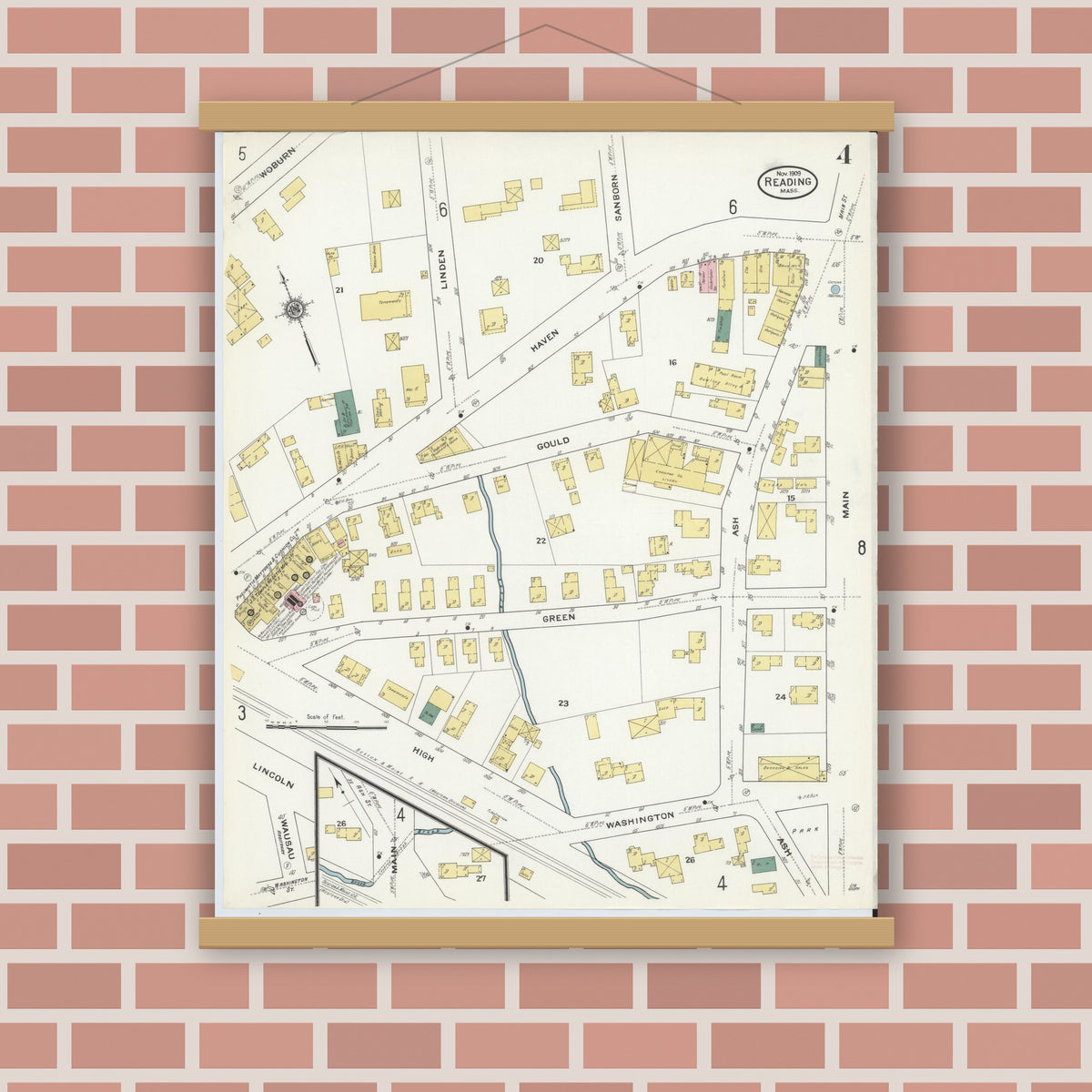 Old map wall art mockup — magnetic wood frame on brick wall — Sanborn Fire Insurance Map from Reading, Middlesex County, Massachusetts (1909), Sheet #0004