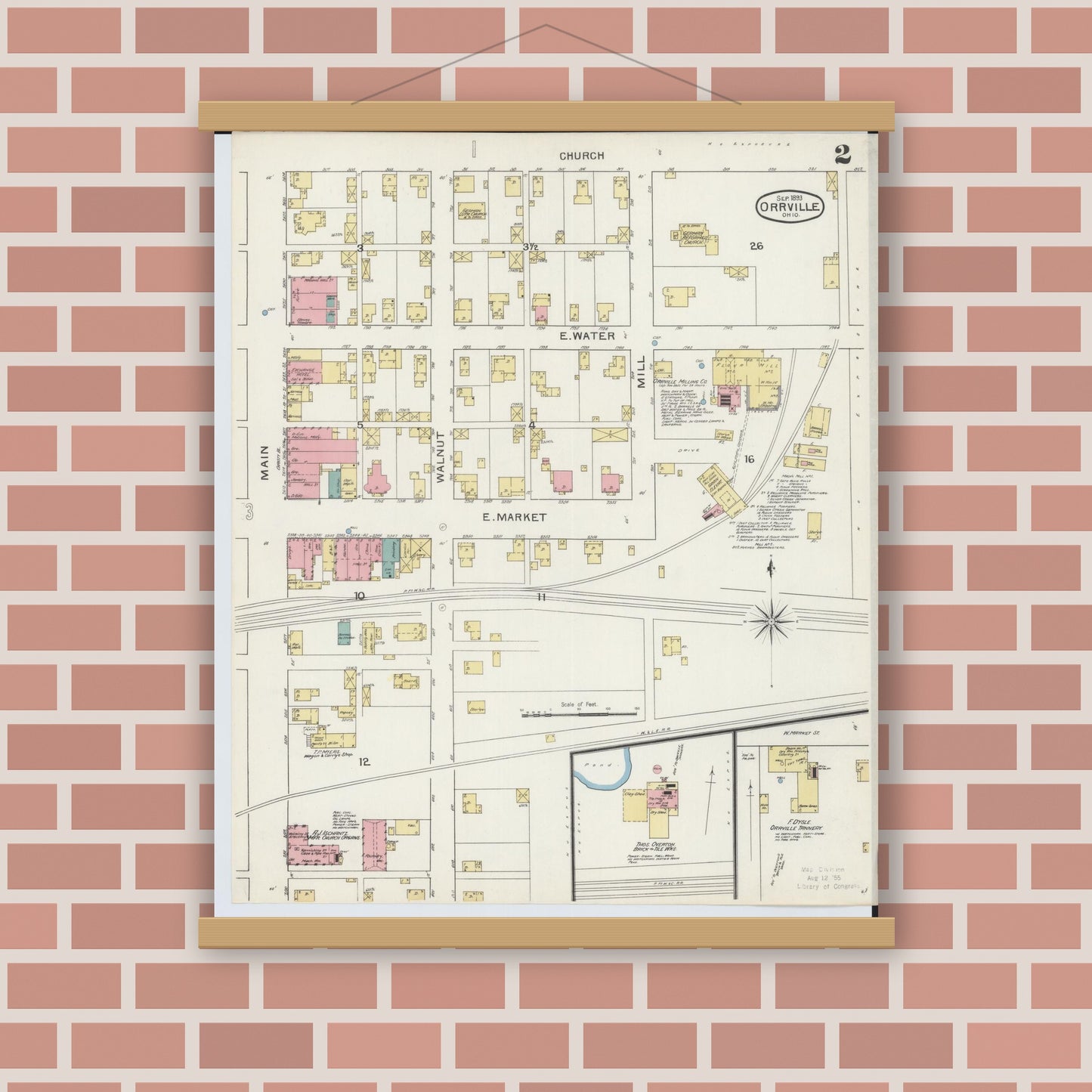 Old map wall art mockup — magnetic wood frame on brick wall — Sanborn Fire Insurance Map from Orrville, Wayne County, Ohio (1893), Sheet #0002