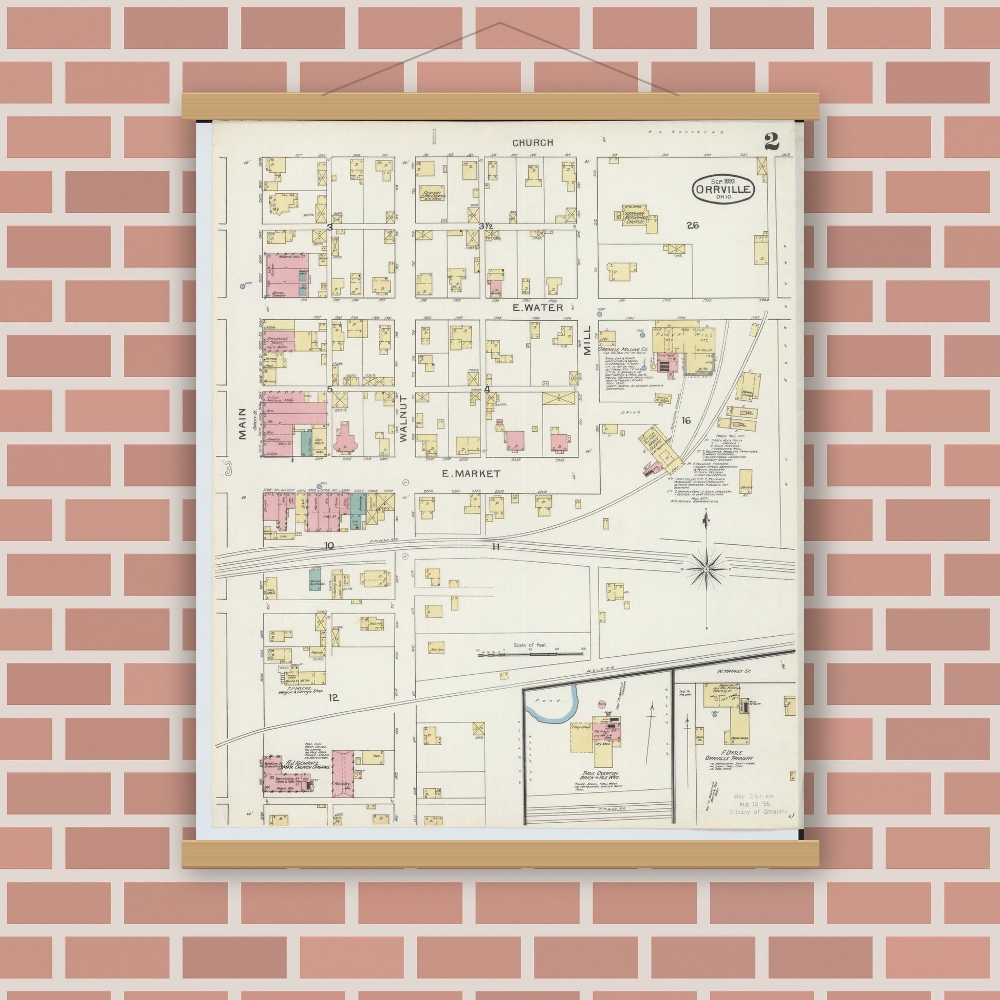 Old map wall art mockup — magnetic wood frame on brick wall — Sanborn Fire Insurance Map from Orrville, Wayne County, Ohio (1893), Sheet #0002