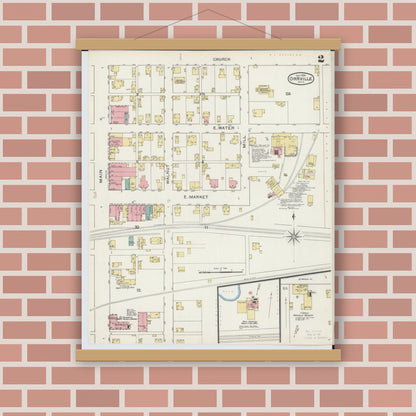 Old map wall art mockup — magnetic wood frame on brick wall — Sanborn Fire Insurance Map from Orrville, Wayne County, Ohio (1893), Sheet #0002