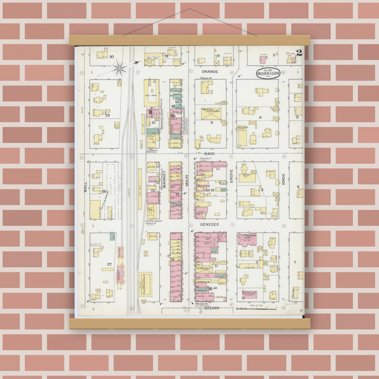 Old map wall art mockup — magnetic wood frame on brick wall — Sanborn Fire Insurance Map from Morrison, Whiteside County, Illinois (1892), Sheet #0002