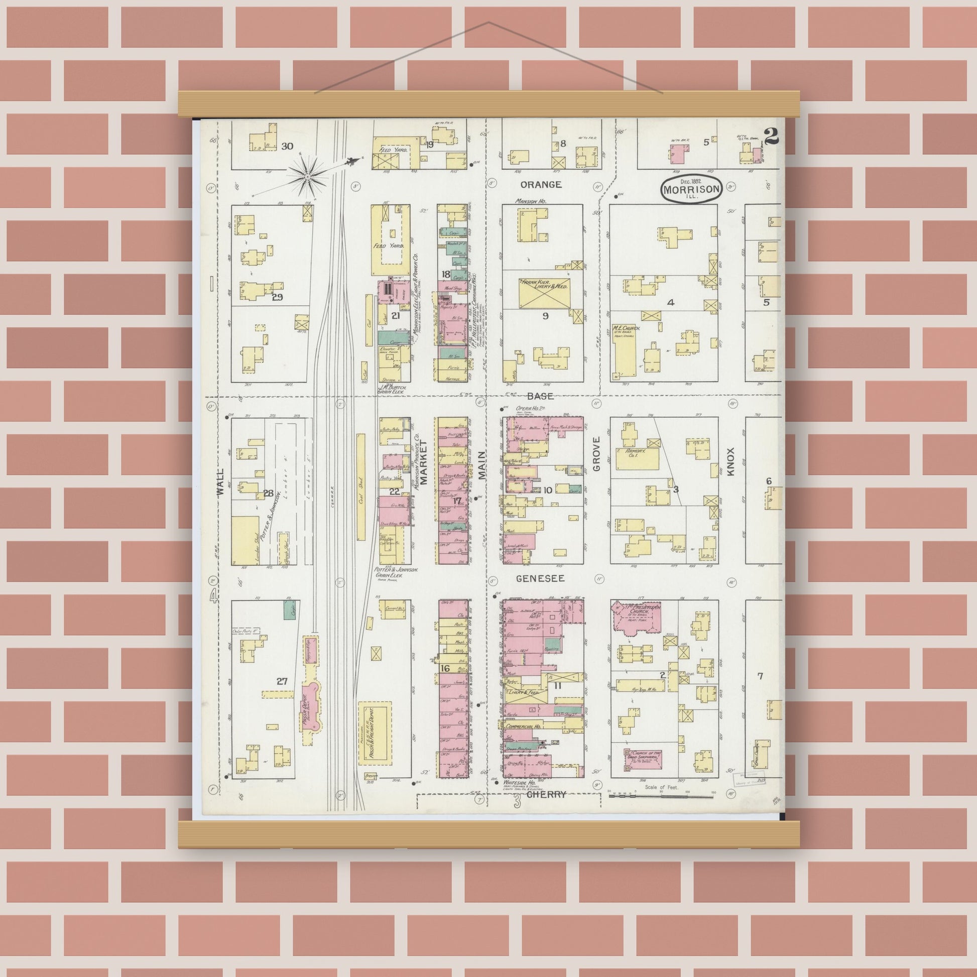 Old map wall art mockup — magnetic wood frame on brick wall — Sanborn Fire Insurance Map from Morrison, Whiteside County, Illinois (1892), Sheet #0002