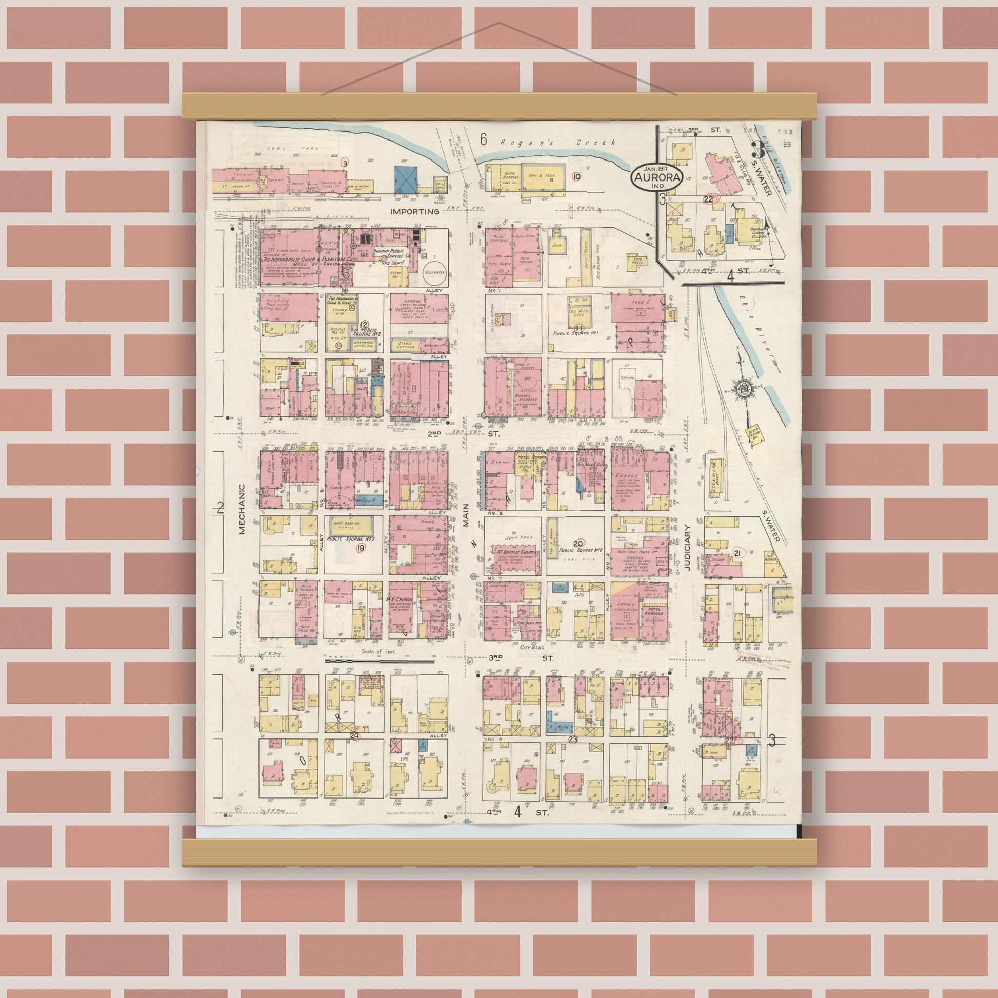 Old map wall art mockup — magnetic wood frame on brick wall — Sanborn Fire Insurance Map from Aurora, Dearborn County, Indiana (1935), Sheet #0003