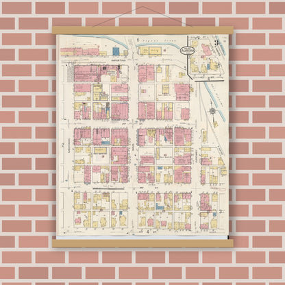 Old map wall art mockup — magnetic wood frame on brick wall — Sanborn Fire Insurance Map from Aurora, Dearborn County, Indiana (1935), Sheet #0003