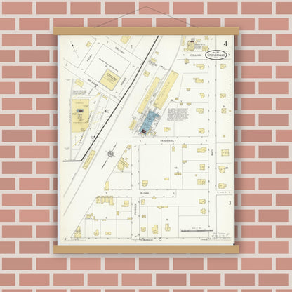 Old map wall art mockup — magnetic wood frame on brick wall — Sanborn Fire Insurance Map from Stephenville, Erath County, Texas (1912), Sheet #0004