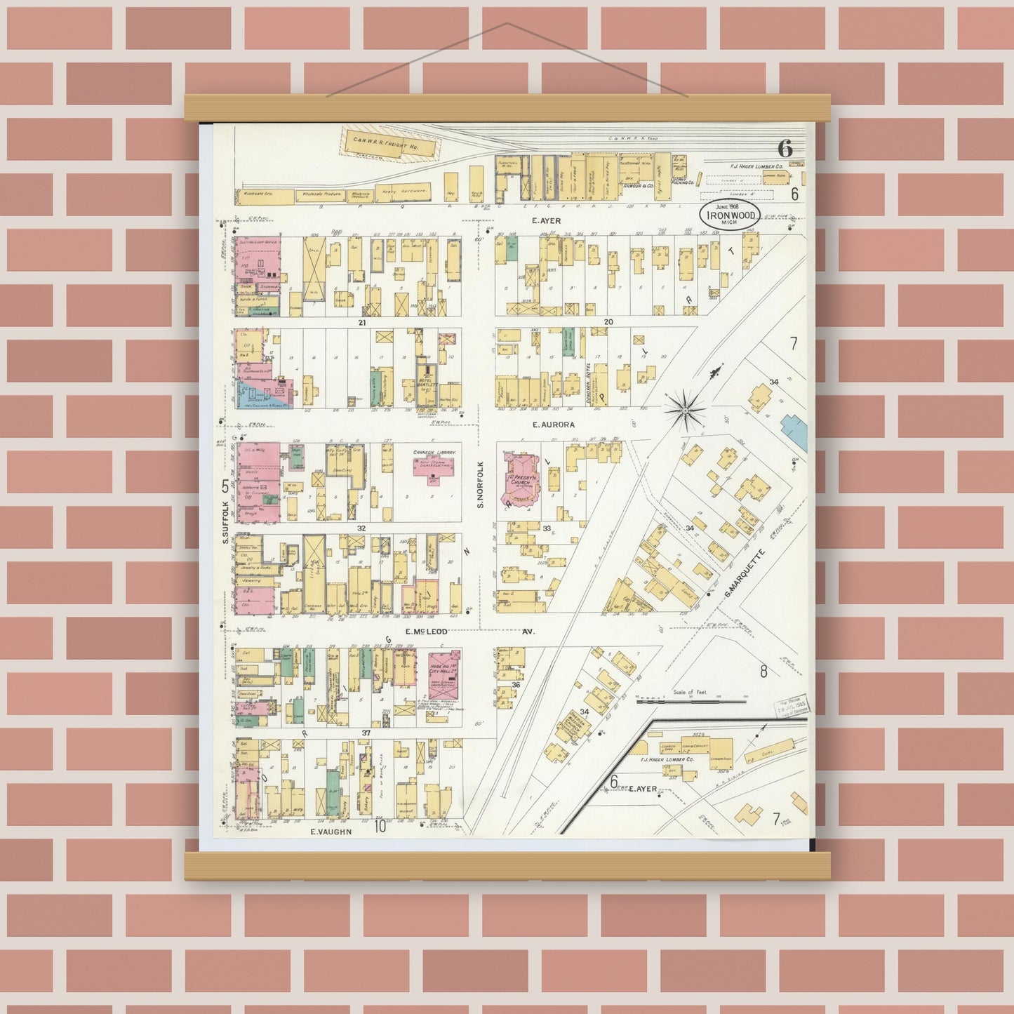 Old map wall art mockup — magnetic wood frame on brick wall — Sanborn Fire Insurance Map from Ironwood, Gogebic County, Michigan (1908), Sheet #0006