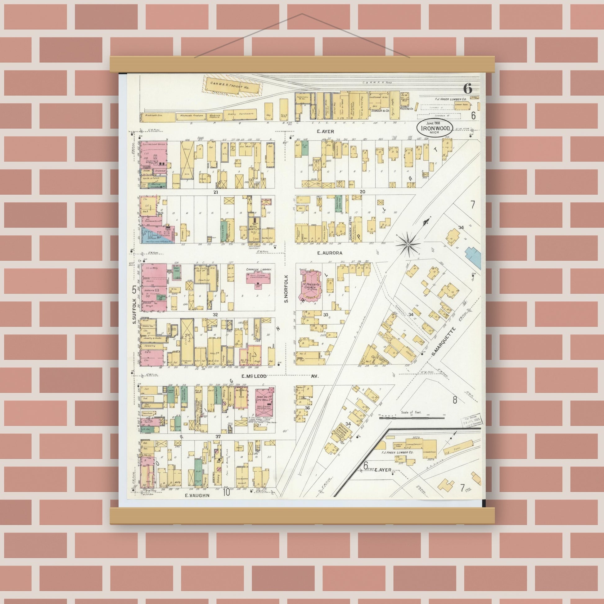 Old map wall art mockup — magnetic wood frame on brick wall — Sanborn Fire Insurance Map from Ironwood, Gogebic County, Michigan (1908), Sheet #0006