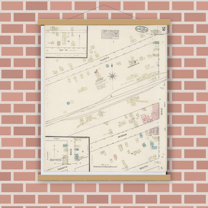 Old map wall art mockup — magnetic wood frame on brick wall — Sanborn Fire Insurance Map from Chelsea, Washtenaw County, Michigan (1884), Sheet #0002
