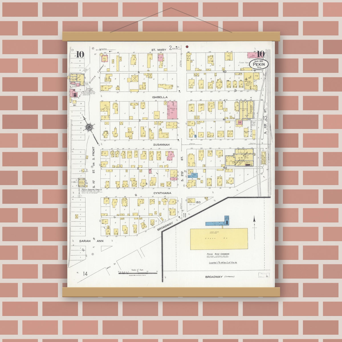 Old map wall art mockup — magnetic wood frame on brick wall — Sanborn Fire Insurance Map from Pekin, Tazewell County, Illinois (1925), Sheet #0010