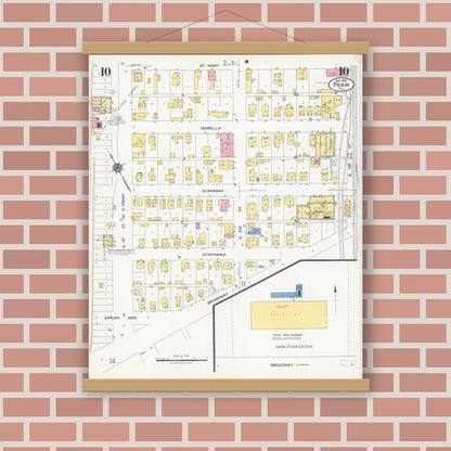 Old map wall art mockup — magnetic wood frame on brick wall — Sanborn Fire Insurance Map from Pekin, Tazewell County, Illinois (1925), Sheet #0010
