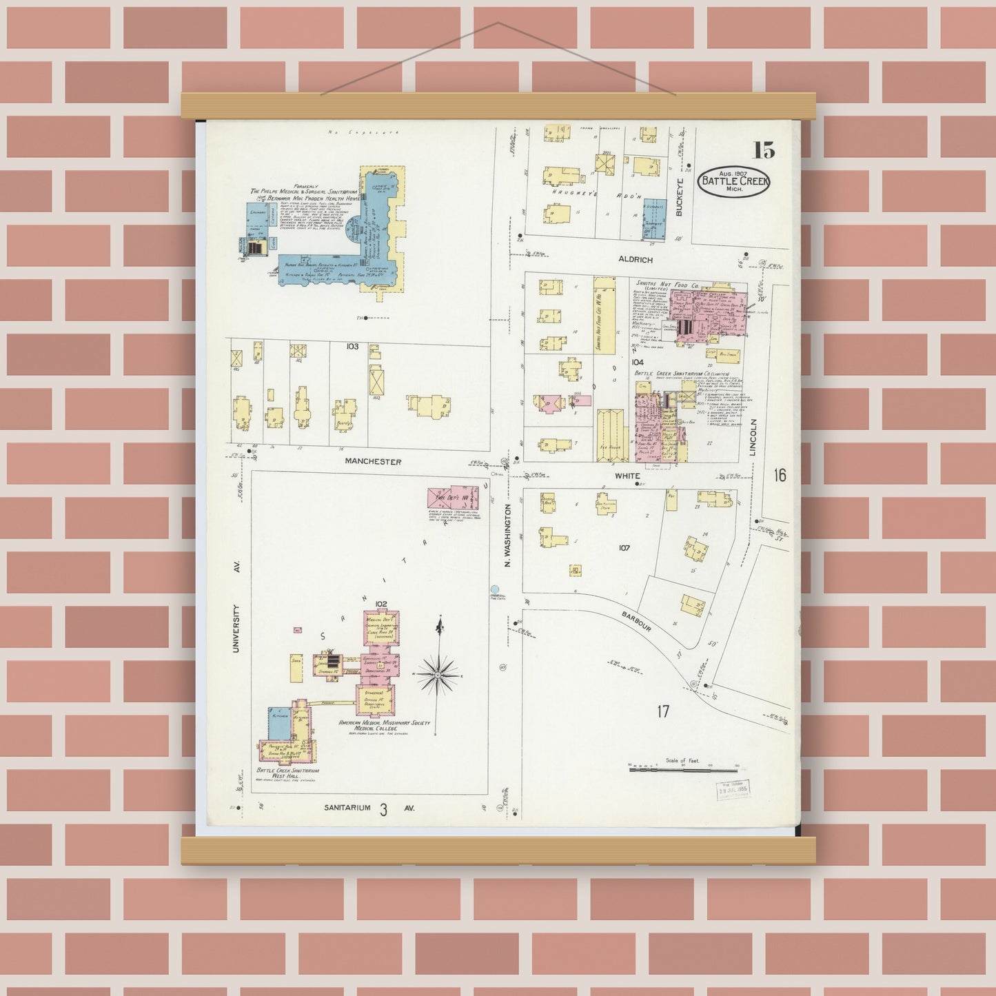 Old map wall art mockup — magnetic wood frame on brick wall — Sanborn Fire Insurance Map from Battle Creek, Calhoun County, Michigan (1907), Sheet #0015