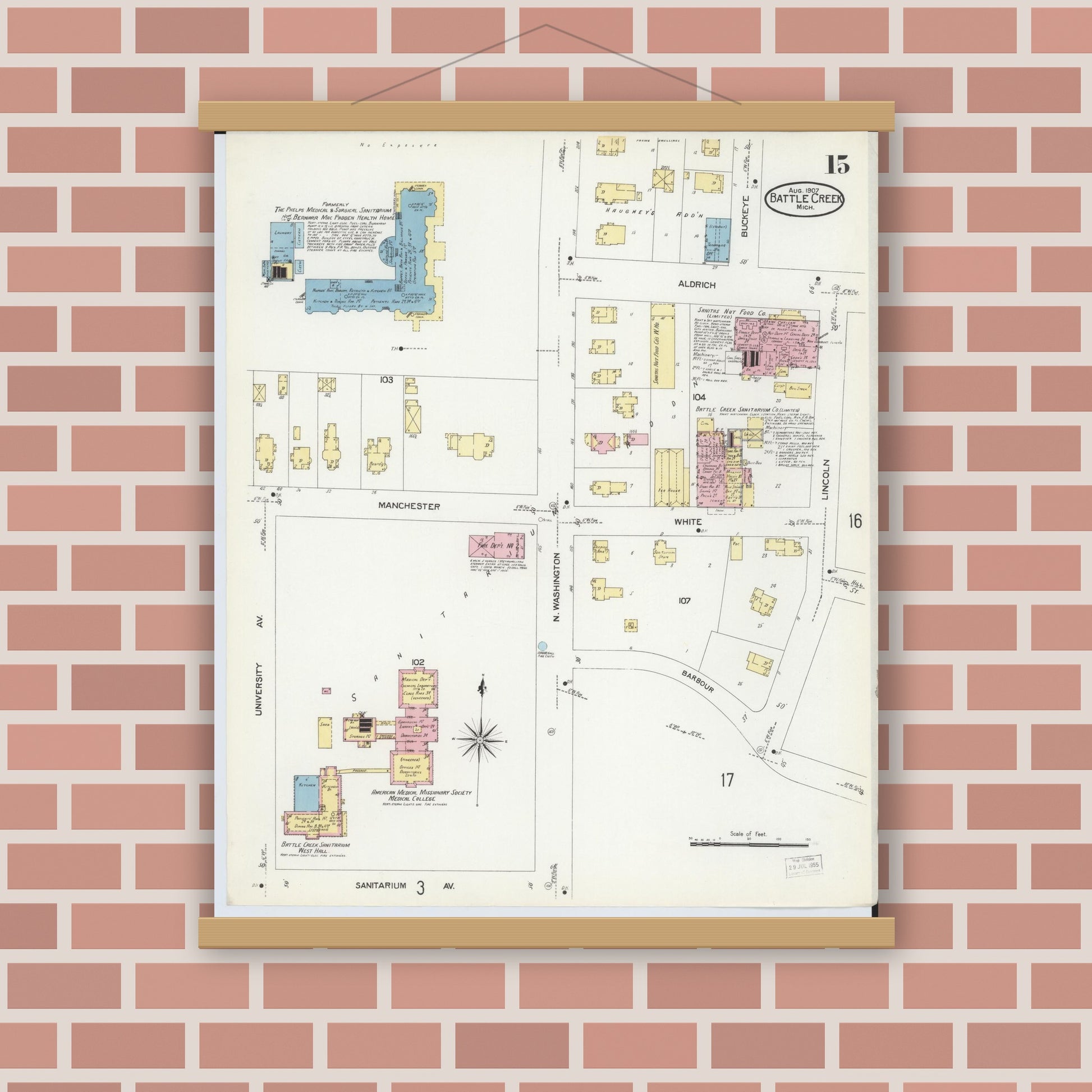 Old map wall art mockup — magnetic wood frame on brick wall — Sanborn Fire Insurance Map from Battle Creek, Calhoun County, Michigan (1907), Sheet #0015