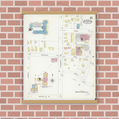 Old map wall art mockup — magnetic wood frame on brick wall — Sanborn Fire Insurance Map from Battle Creek, Calhoun County, Michigan (1907), Sheet #0015
