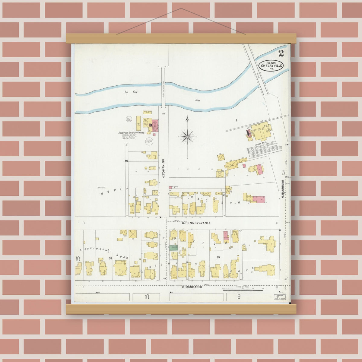 Old map wall art mockup — magnetic wood frame on brick wall — Sanborn Fire Insurance Map from Shelbyville, Shelby County, Indiana (1905), Sheet #0002
