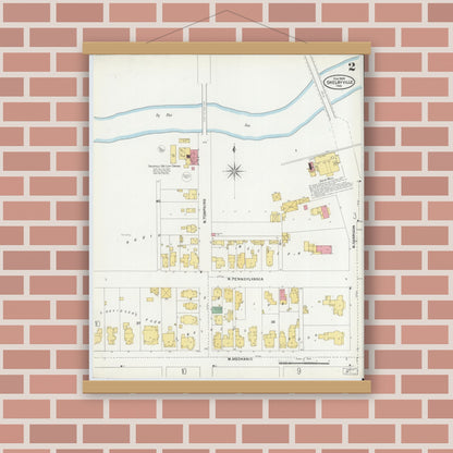 Old map wall art mockup — magnetic wood frame on brick wall — Sanborn Fire Insurance Map from Shelbyville, Shelby County, Indiana (1905), Sheet #0002