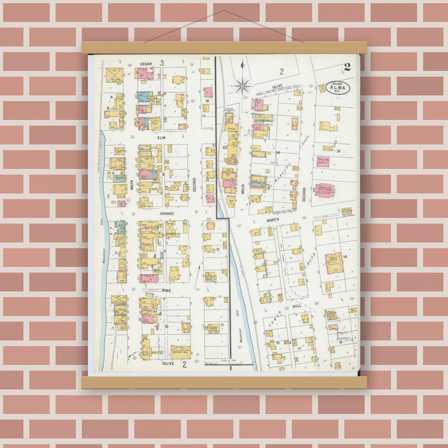 Old map wall art mockup — magnetic wood frame on brick wall — Sanborn Fire Insurance Map from Alma, Buffalo County, Wisconsin (1900), Sheet #0002