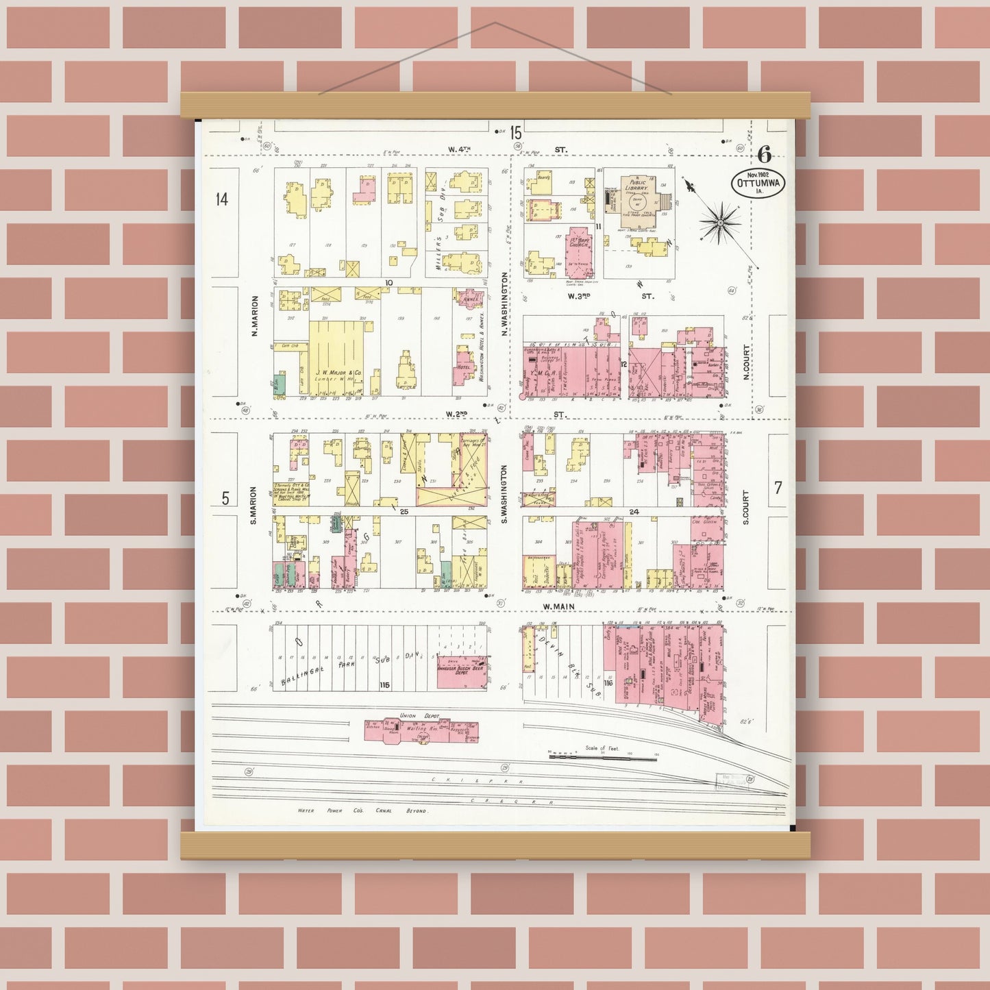 Old map wall art mockup — magnetic wood frame on brick wall — Sanborn Fire Insurance Map from Ottumwa, Wapello County, Iowa (1902), Sheet #0006