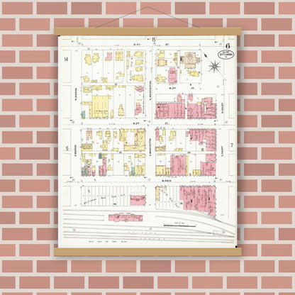 Old map wall art mockup — magnetic wood frame on brick wall — Sanborn Fire Insurance Map from Ottumwa, Wapello County, Iowa (1902), Sheet #0006