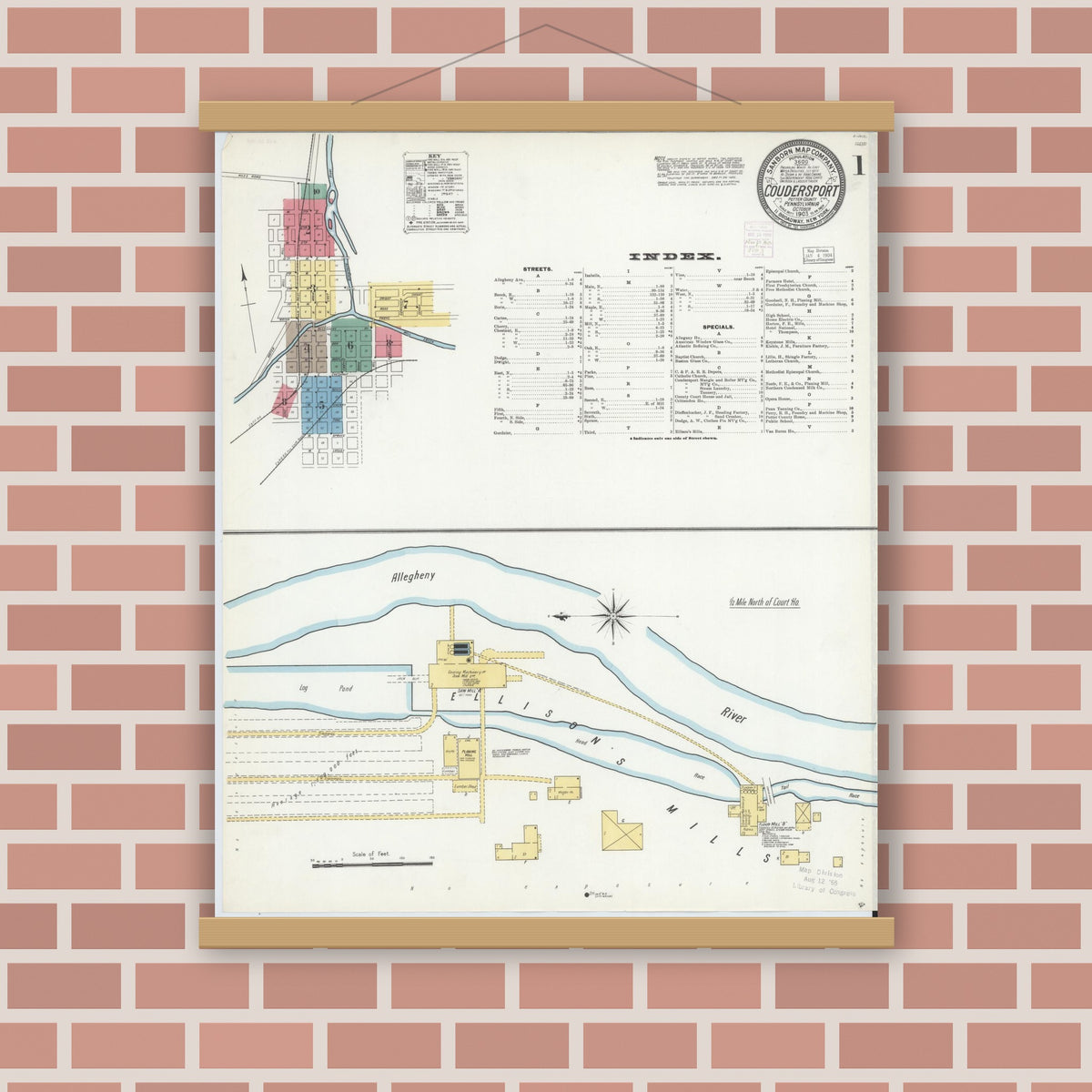 Old map wall art mockup — magnetic wood frame on brick wall — Sanborn Fire Insurance Map from Coudersport, Potter County, Pennsylvania (1903) - Complete Map Set