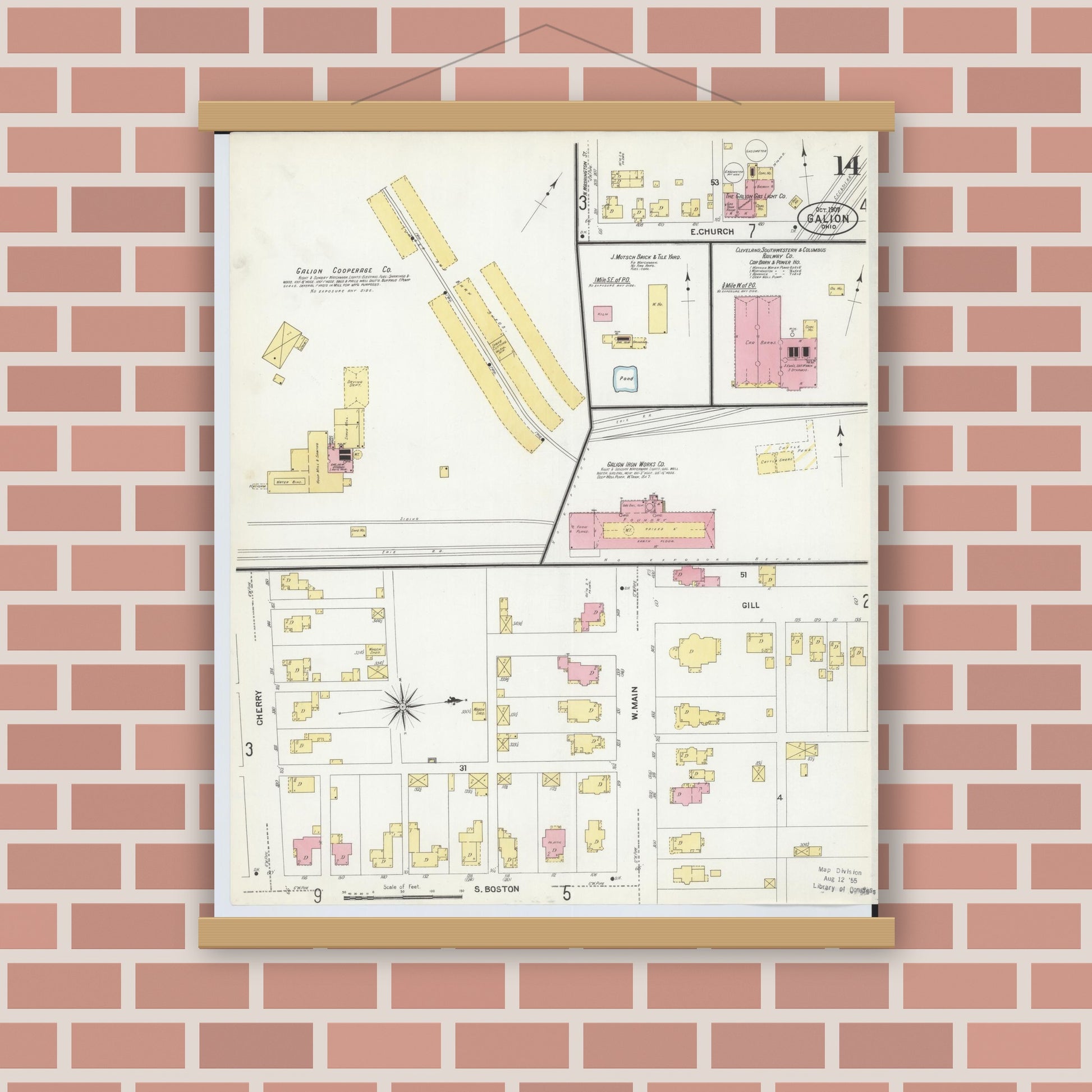 Old map wall art mockup — magnetic wood frame on brick wall — Sanborn Fire Insurance Map from Galion, Crawford County, Ohio (1907), Sheet #0014