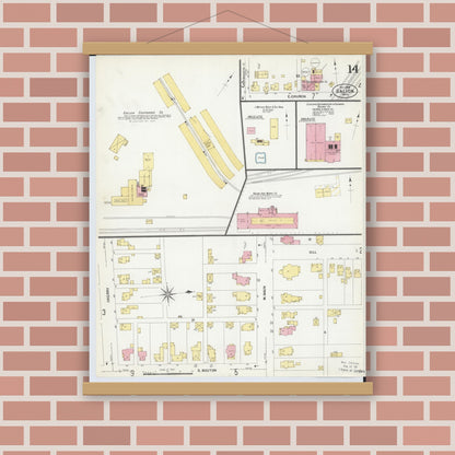 Old map wall art mockup — magnetic wood frame on brick wall — Sanborn Fire Insurance Map from Galion, Crawford County, Ohio (1907), Sheet #0014