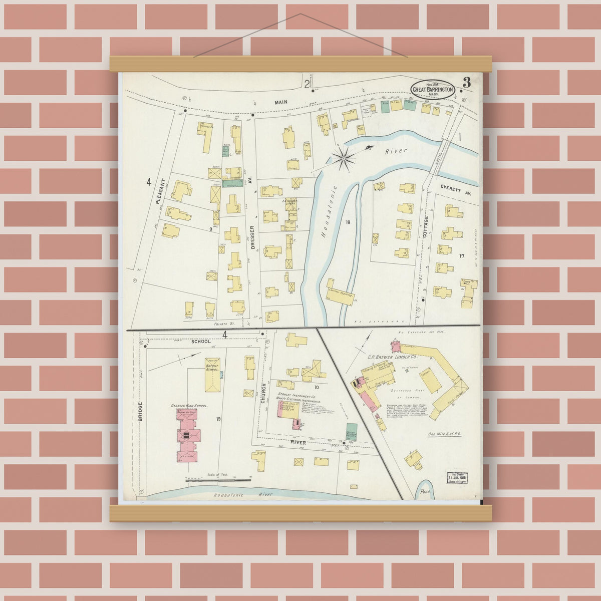 Old map wall art mockup — magnetic wood frame on brick wall — Sanborn Fire Insurance Map from Great Barrington, Berkshire County, Massachusetts (1898), Sheet #0003