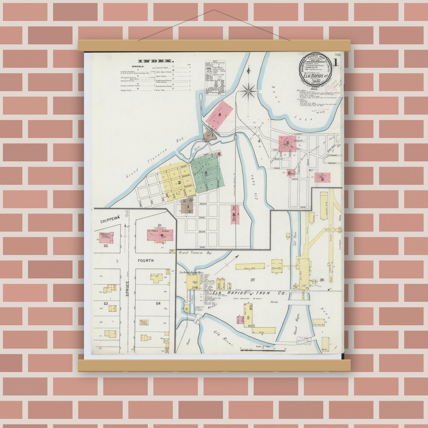 Old map wall art mockup — magnetic wood frame on brick wall — Sanborn Fire Insurance Map from Elk Rapids, Antrim County, Michigan (1895) - Complete Map Set