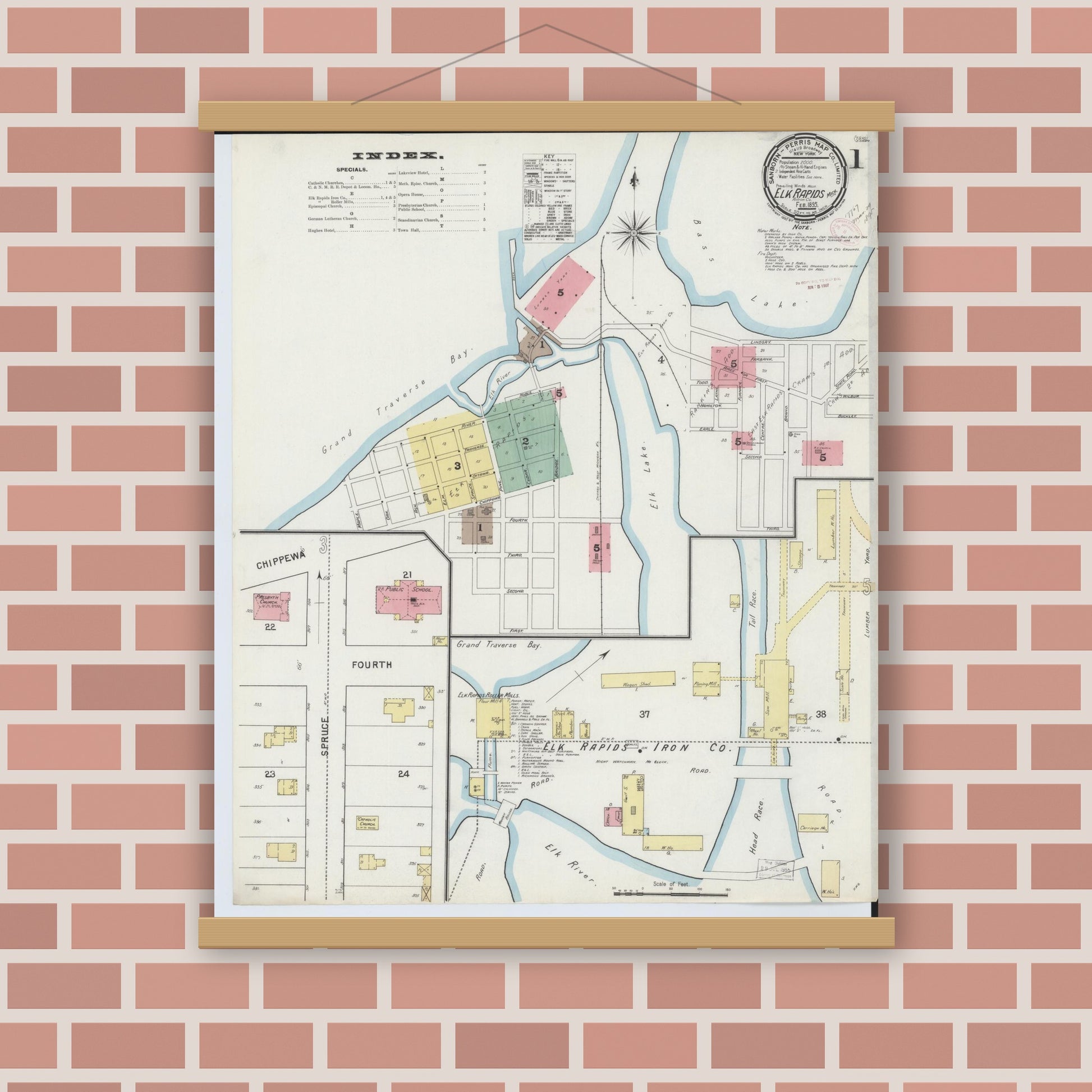 Old map wall art mockup — magnetic wood frame on brick wall — Sanborn Fire Insurance Map from Elk Rapids, Antrim County, Michigan (1895) - Complete Map Set