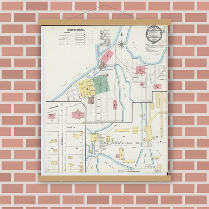 Old map wall art mockup — magnetic wood frame on brick wall — Sanborn Fire Insurance Map from Elk Rapids, Antrim County, Michigan (1895) - Complete Map Set