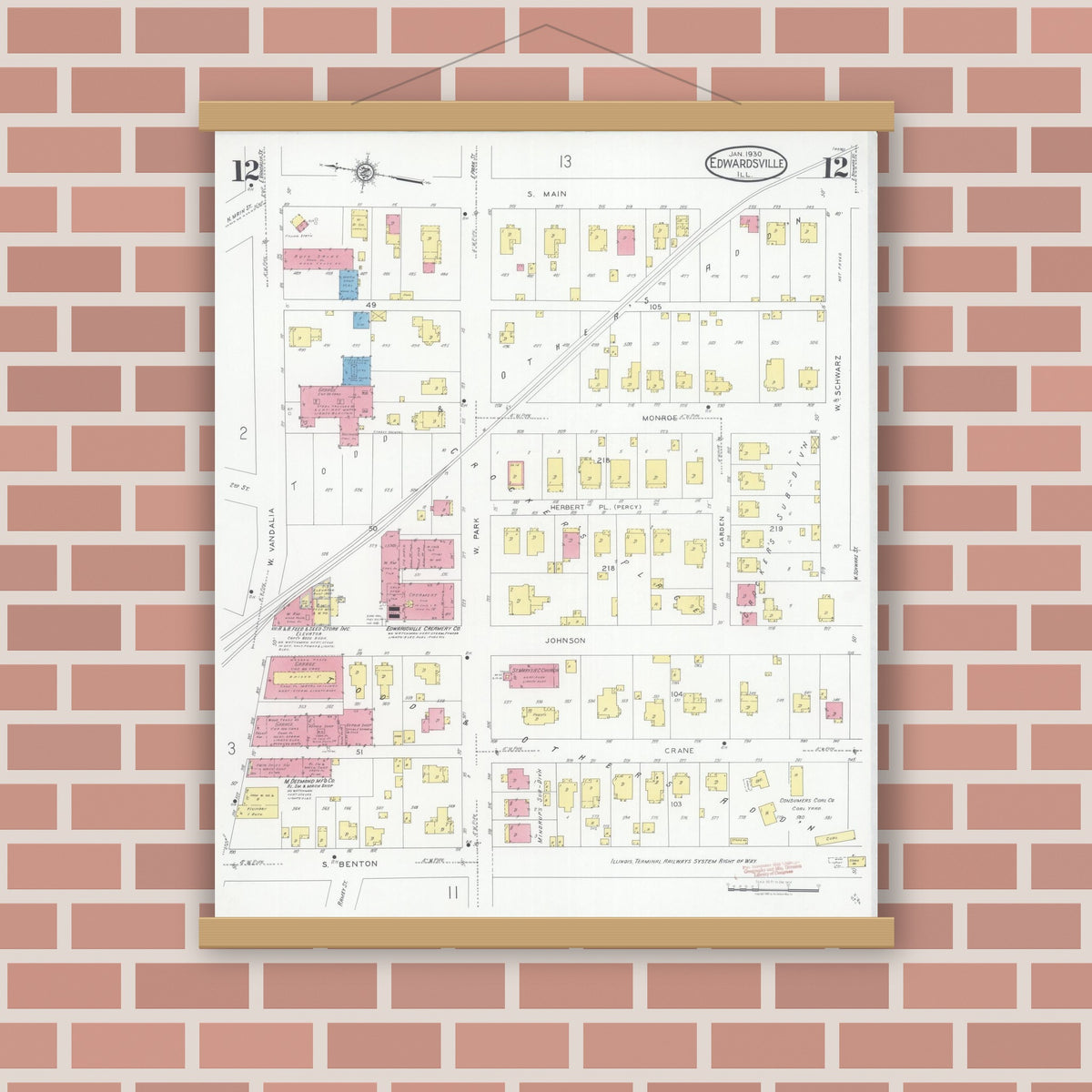 Old map wall art mockup — magnetic wood frame on brick wall — Sanborn Fire Insurance Map from Edwardsville, Madison County, Illinois (1930), Sheet #0012
