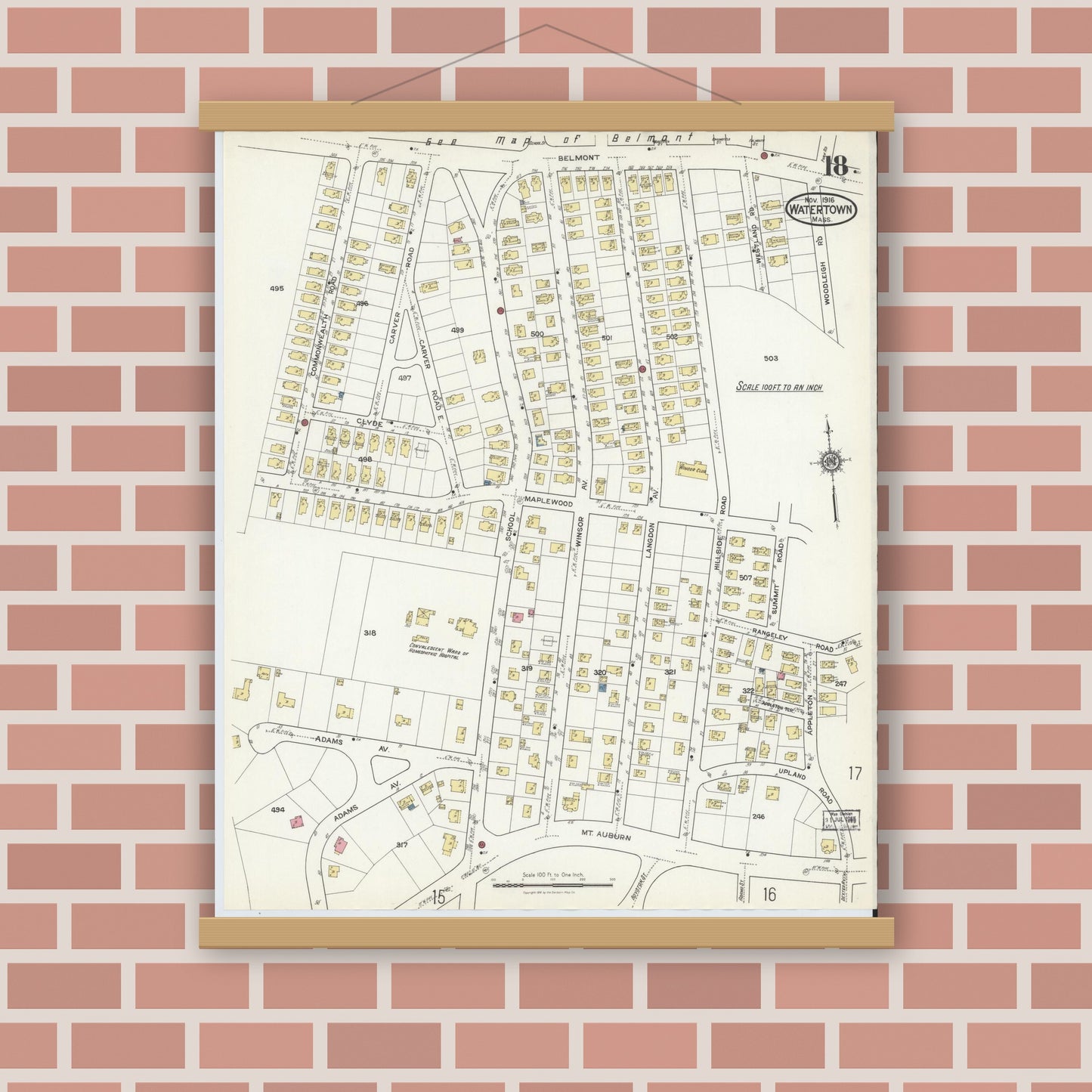 Old map wall art mockup — magnetic wood frame on brick wall — Sanborn Fire Insurance Map from Watertown, Middlesex County, Massachusetts (1916), Sheet #0018