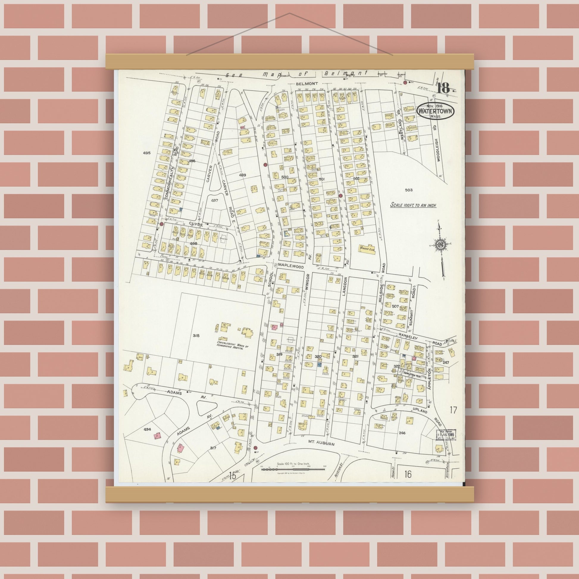 Old map wall art mockup — magnetic wood frame on brick wall — Sanborn Fire Insurance Map from Watertown, Middlesex County, Massachusetts (1916), Sheet #0018