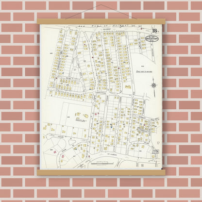 Old map wall art mockup — magnetic wood frame on brick wall — Sanborn Fire Insurance Map from Watertown, Middlesex County, Massachusetts (1916), Sheet #0018