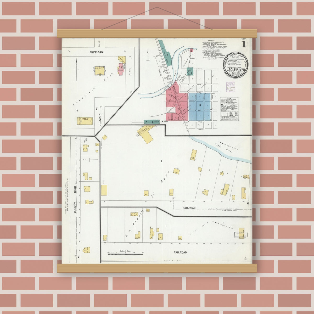 Old map wall art mockup — magnetic wood frame on brick wall — Sanborn Fire Insurance Map from Eagle River, Vilas County, Wisconsin (1901) - Complete Map Set