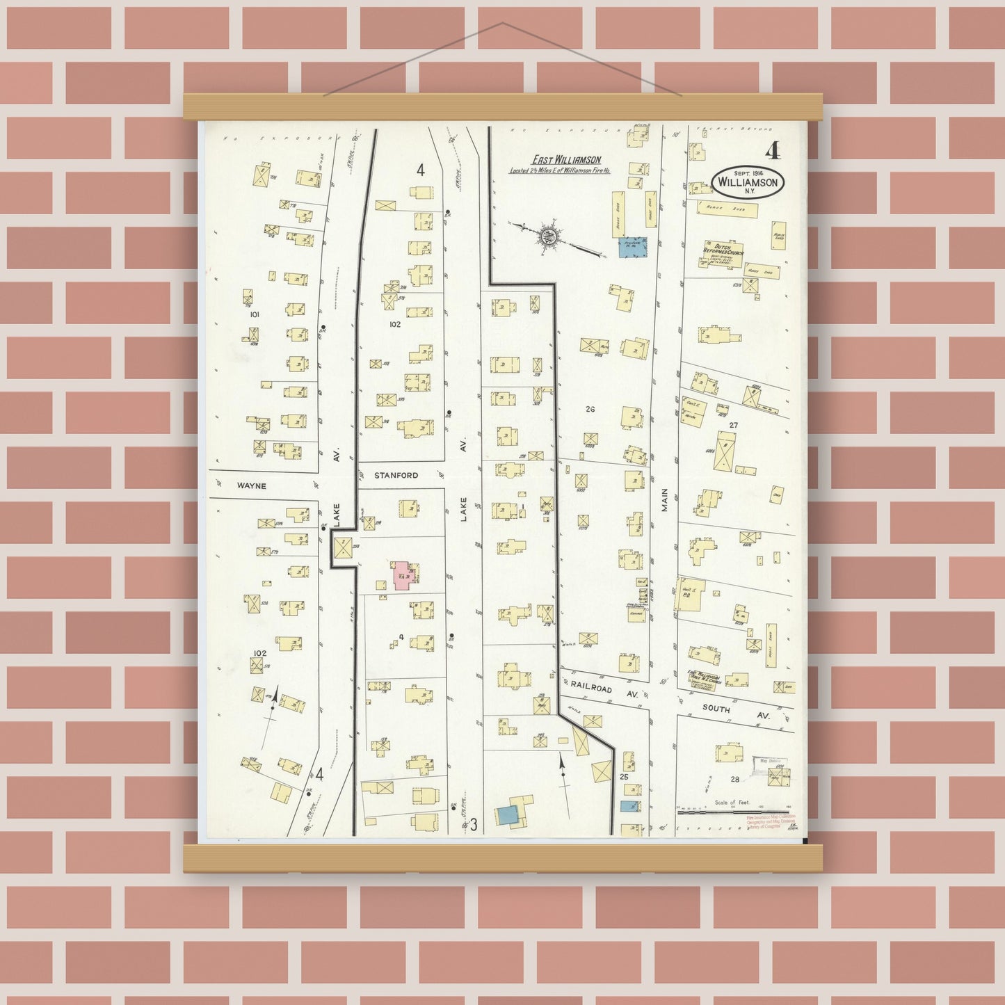 Old map wall art mockup — magnetic wood frame on brick wall — Sanborn Fire Insurance Map from Williamson, Wayne County, New York (1914), Sheet #0004