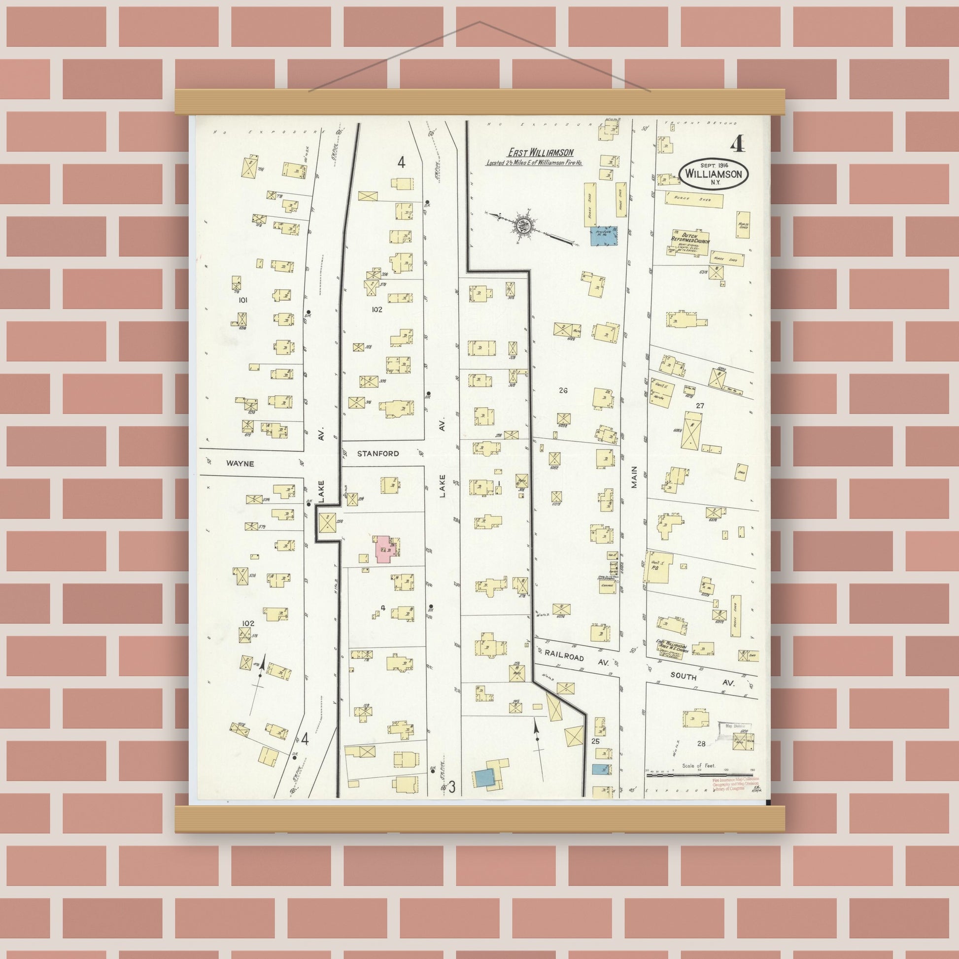 Old map wall art mockup — magnetic wood frame on brick wall — Sanborn Fire Insurance Map from Williamson, Wayne County, New York (1914), Sheet #0004