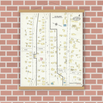Old map wall art mockup — magnetic wood frame on brick wall — Sanborn Fire Insurance Map from Williamson, Wayne County, New York (1914), Sheet #0004