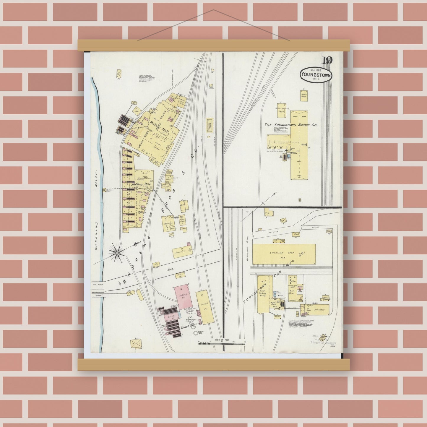 Old map wall art mockup — magnetic wood frame on brick wall — Sanborn Fire Insurance Map from Youngstown, Mahoning County, Ohio (1889), Sheet #0019