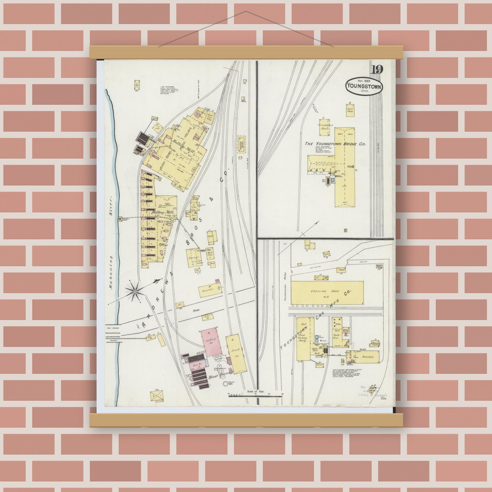 Old map wall art mockup — magnetic wood frame on brick wall — Sanborn Fire Insurance Map from Youngstown, Mahoning County, Ohio (1889), Sheet #0019