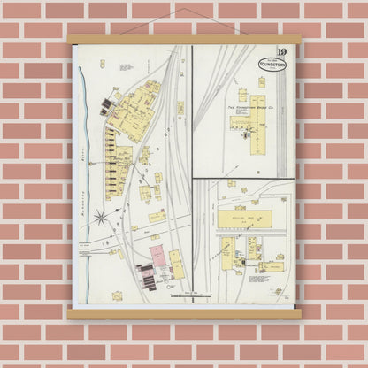 Old map wall art mockup — magnetic wood frame on brick wall — Sanborn Fire Insurance Map from Youngstown, Mahoning County, Ohio (1889), Sheet #0019