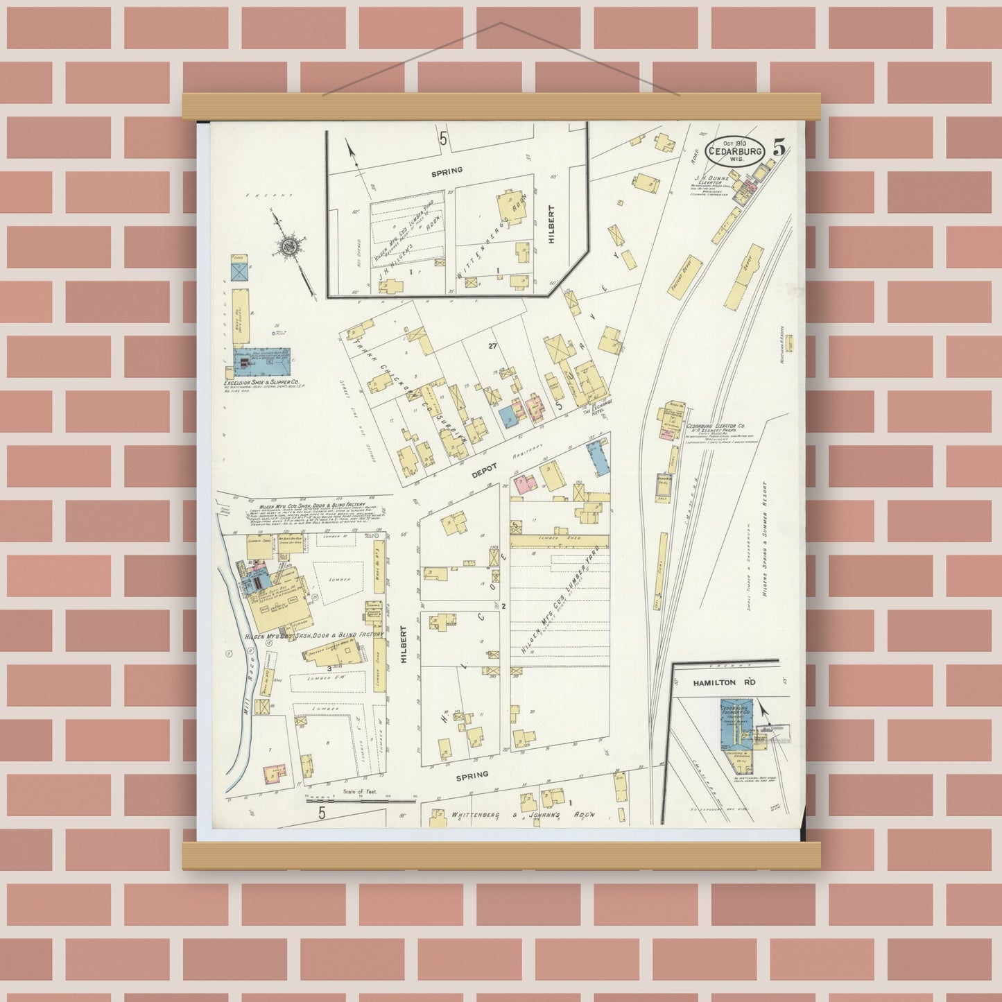 Old map wall art mockup — magnetic wood frame on brick wall — Sanborn Fire Insurance Map from Cedarburg, Ozaukee County, Wisconsin (1910), Sheet #0005