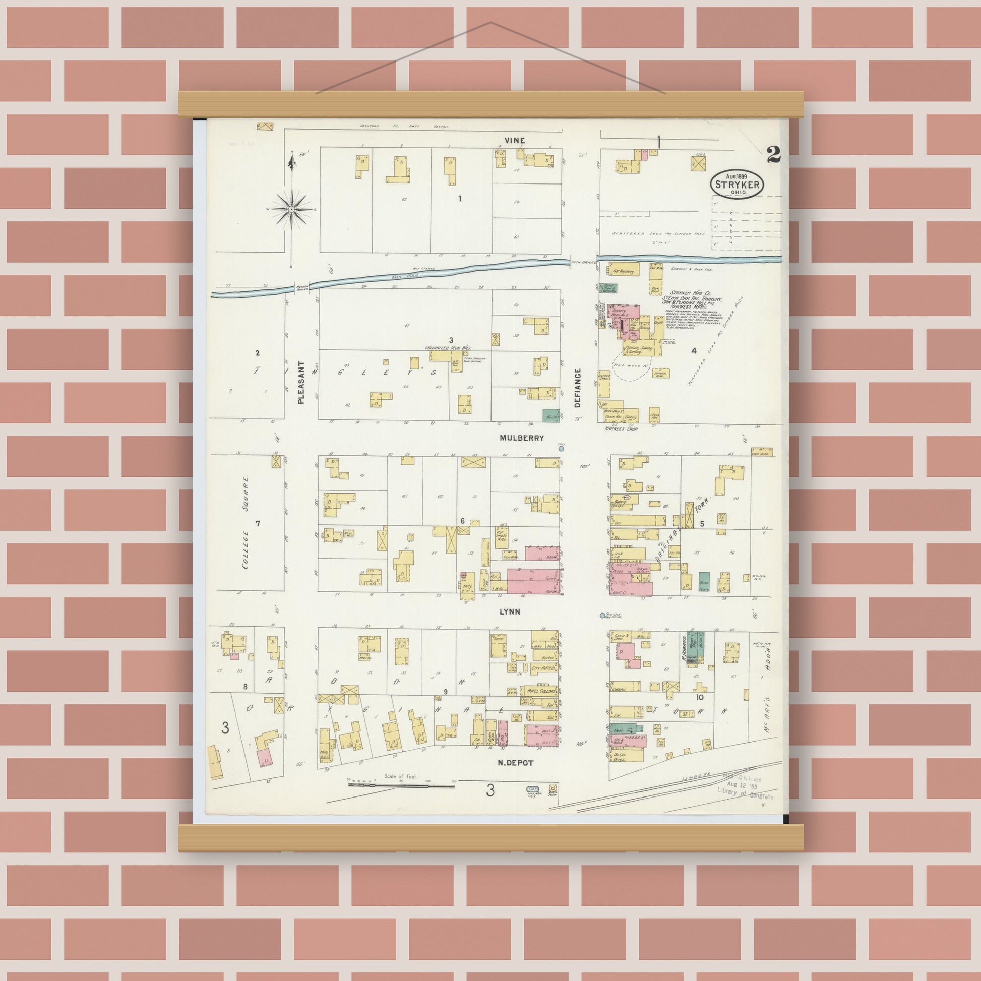 Old map wall art mockup — magnetic wood frame on brick wall — Sanborn Fire Insurance Map from Stryker, Williams County, Ohio (1899), Sheet #0002