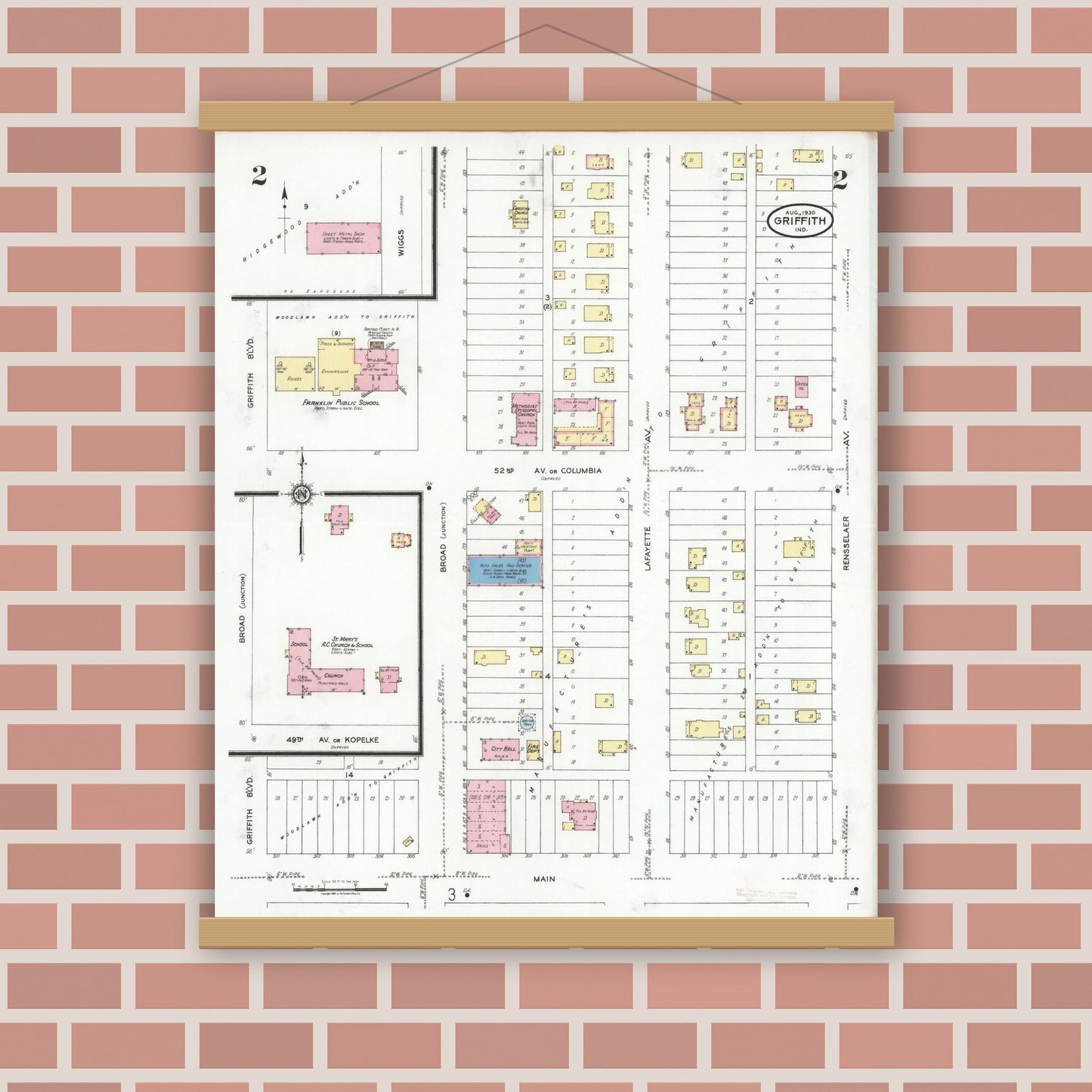 Old map wall art mockup — magnetic wood frame on brick wall — Sanborn Fire Insurance Map from Griffith, Lake County, Indiana (1930), Sheet #0002