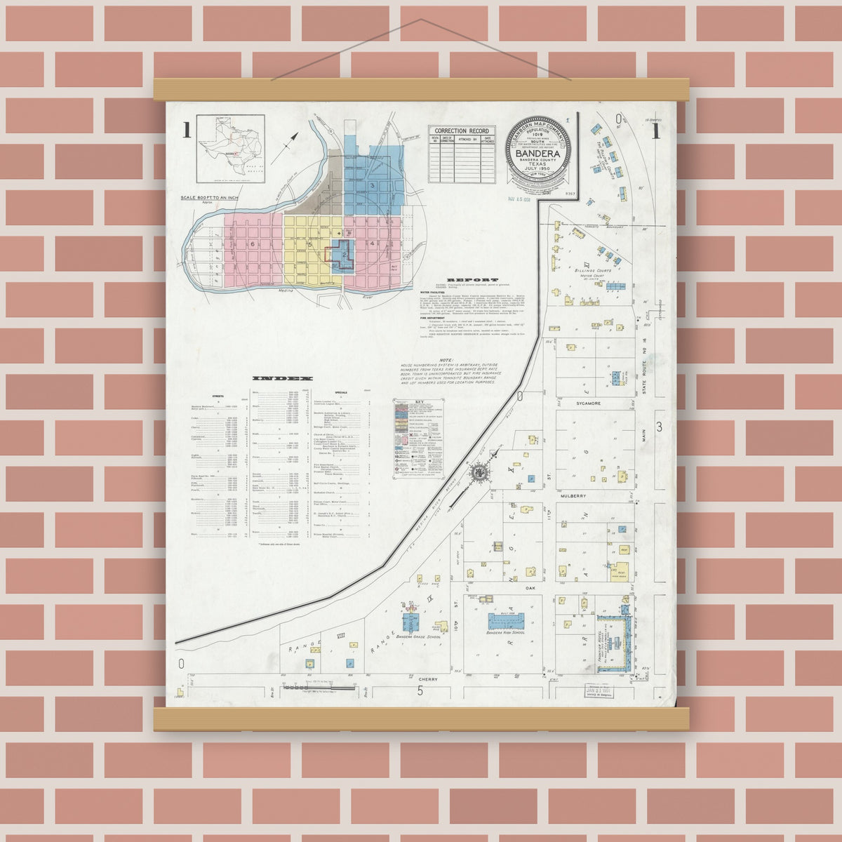 Old map wall art mockup — magnetic wood frame on brick wall — Sanborn Fire Insurance Map from Bandera, Bandera County, Texas (1950) - Complete Map Set