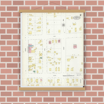 Old map wall art mockup — magnetic wood frame on brick wall — Sanborn Fire Insurance Map from Schoolcraft, Kalamazoo County, Michigan (1908), Sheet #0002