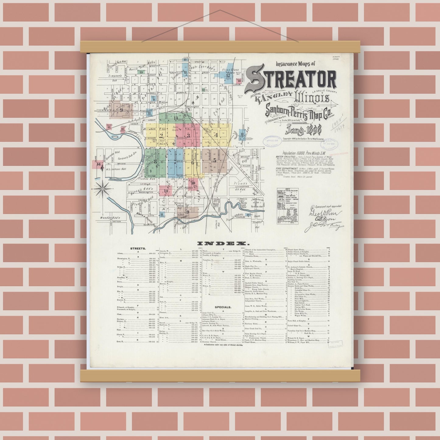 Old map wall art mockup — magnetic wood frame on brick wall — Sanborn Fire Insurance Map from Streator, La Salle County, Illinois (1898) - Complete Map Set